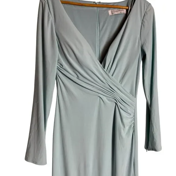 Mac Duggal Light Blue Long Sleeve Ruched Jersey V-Neck Formal Gown Size 4 - Picture 8 of 12